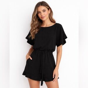 FRENCH CONNECTION Black Ruffle Cari Frill Romper with Cinched Tie Waist
